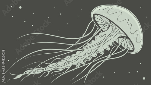 Artwork of a stylized jellyfish illustration floating in an abstract space.