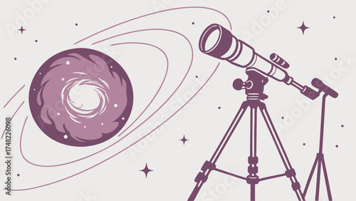 Astronomy Illustration Telescope and Celestial Body in Space.