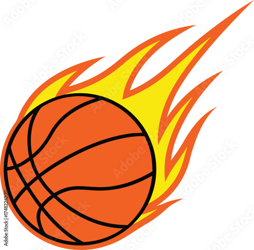 Vector art of a basketball on fire, symbolizing speed, power, and intense competition in the sport