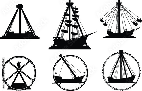Amusement park ride silhouette, pirate ship vector, swing ride icon, Ferris wheel graphic, festive emblem design, outdoor fun, minimal style, entertainment scene