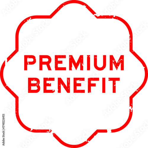Grunge red premium benefit word square rubber seal stamp on white background