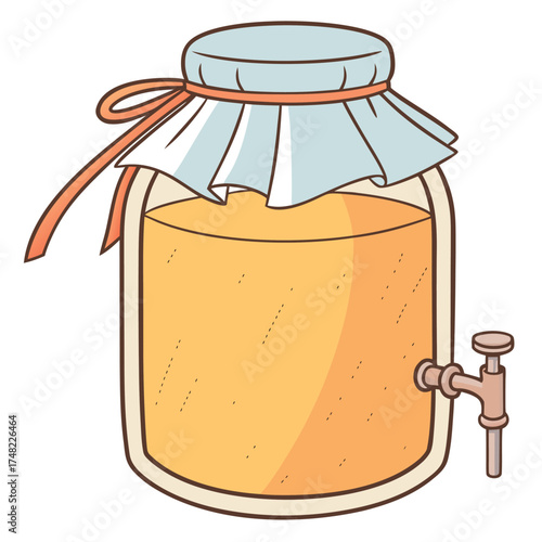 Vector art of a cartoon illustration of a large glass jar filled with golden liquid, with a spigot on the side and a cloth tied with a ribbon on top