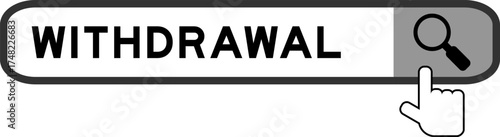 Search banner in word withdrawal with hand over magnifier icon on white background