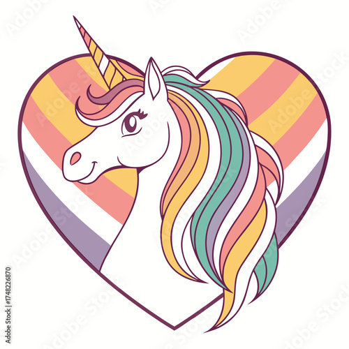 Vector art of a whimsical unicorn with a rainbow mane and tail, set against a heart shape with pastel stripes