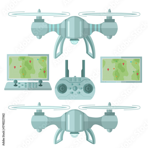Set of Drones with Remote Controllers and Map Monitors. Military and Civil Surveillance Concept