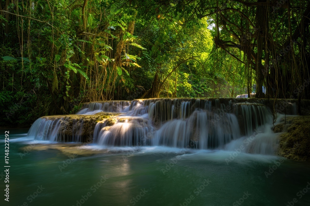 Fototapeta premium Lush rainforest waterfall flows over rocks amidst dense tropical foliage