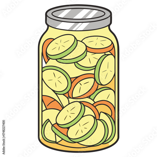 Vector art of cartoon illustration of a glass jar filled with sliced fruits and vegetables