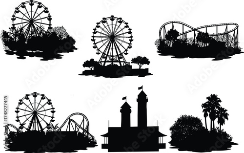Amusement park silhouette, Ferris wheel, roller coaster, festive building, palm trees, black vector icon, outdoor fun, holiday theme, minimal design, graphic illustration, entertainment scene