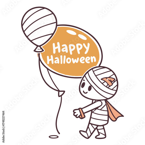 Cute Cartoon Mummy Character Holding Balloons with Happy Halloween Text, Festive Vector Illustration for Kids, Cards, Party, and Decorations