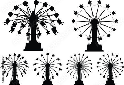 Amusement park swing ride silhouette set, carnival attraction ferris wheel design, fun fair entertainment illustration, black and white vector collection, isolated graphic icons