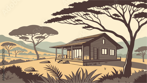Cabin in a Savannah Landscape Vector Illustration.