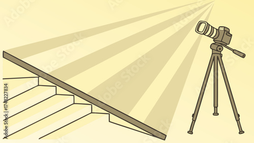 Camera and Tripod Illustration with Stairs and Light Beams.