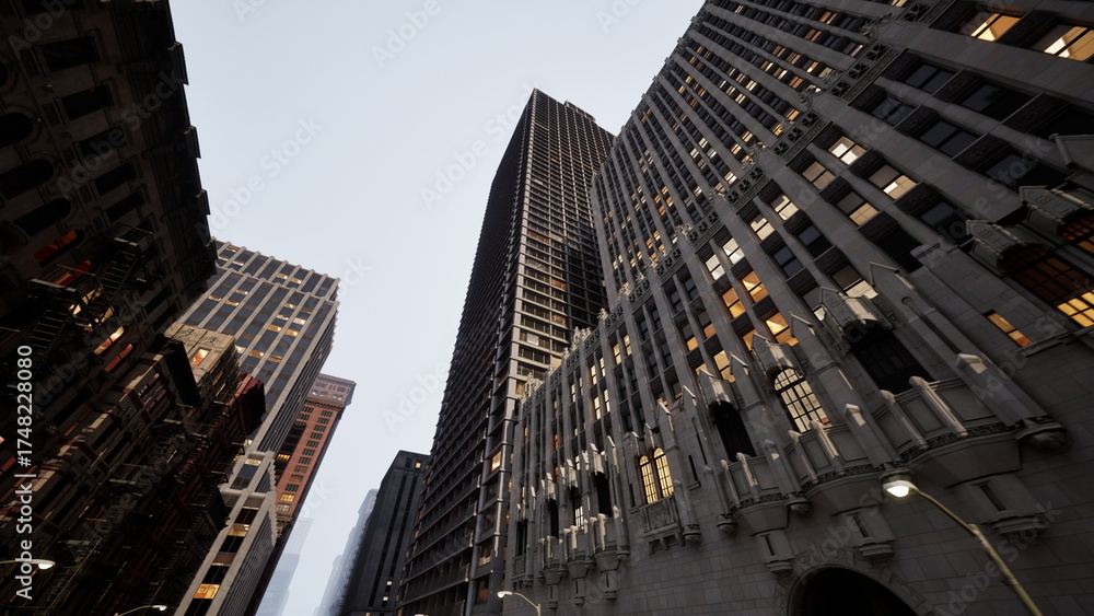 Obraz premium Tall buildings reach for the sky as city lights begin to glow at dusk. The blend of modern and historical architecture creates a stunning skyline, showcasing urban life.