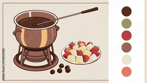 Chocolate fondue with fruit dessert illustration.