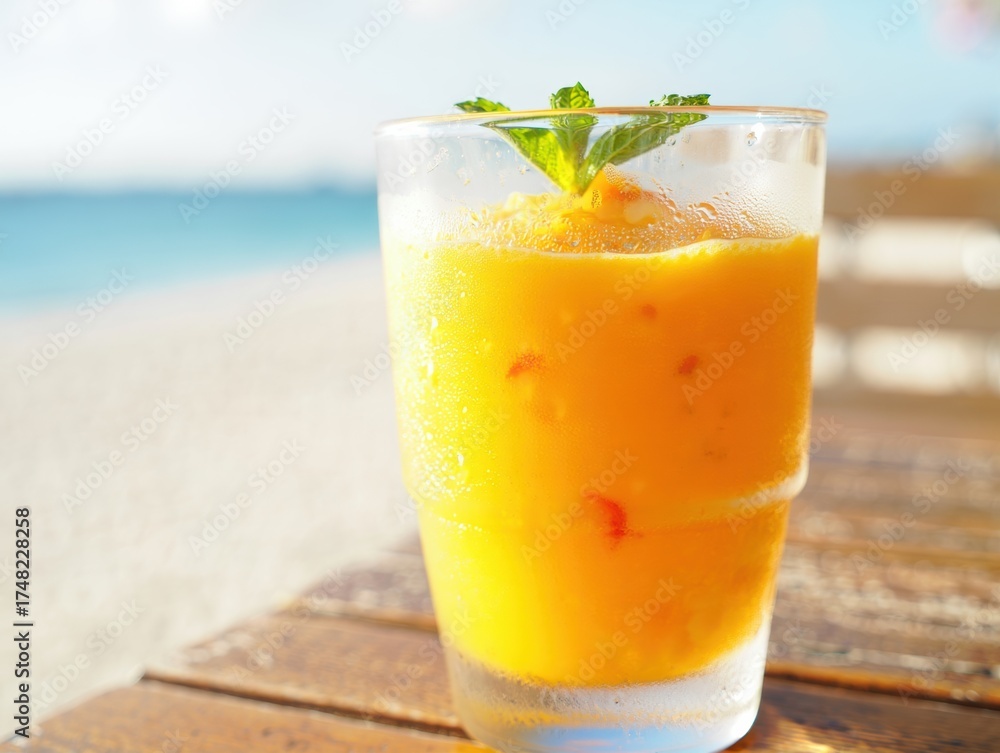 Obraz premium Refreshing orange juice in glass on sunlit beach with mint garnish