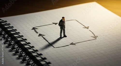 Trapped Business Figure in Cycle of Arrows on Notebook with Thinking, and Decision.
