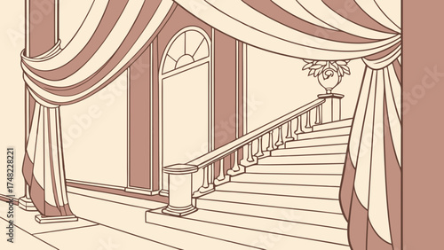 Classic Interior with Staircase and Drape Illustration.