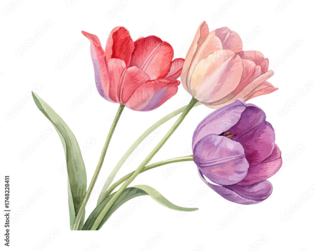 Fototapeta premium Hand-Painted Tulip Flowers Watercolor Design Isolated on White background