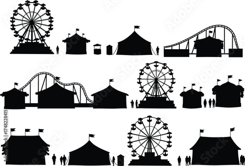 Amusement, park, silhouette, Ferris, wheel, roller, coaster, tent, booth, people, carnival, fairground, vector, icon, black, minimal, flat, design, entertainment, structure, isolated, bundle,