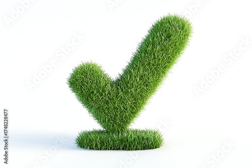 3d illustration of green check mark made of grass isolated on white background, symbolizing ecofriendliness and environmental awareness