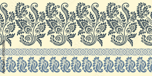 floral pattern vintage ethnic modern embroidery texture boho design vector illustration hand drawn pink flower motif branches leaves wallpaper seamless background border.	
