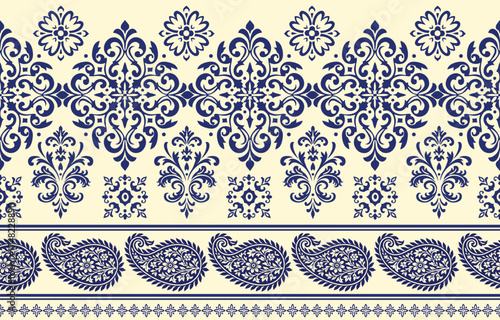 floral pattern vintage ethnic modern embroidery texture boho design vector illustration hand drawn pink flower motif branches leaves wallpaper seamless background border.	
