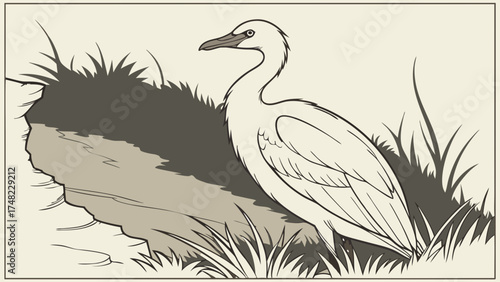 A stylized illustration of a bird in a natural setting.