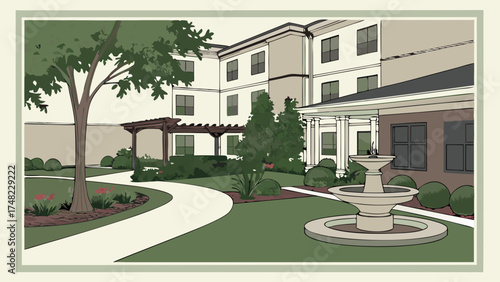 A stylized illustration of a garden scene with a water fountain path and building background.