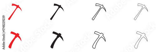 Pickaxe mining tool vector icon set, gold mining axe vector, silhouette and line art illustration