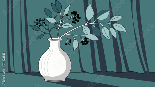 A stylized illustration of a vase with plant branches against a background.