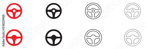 Steering wheel icon set, Automobile steer wheel, car steering vector, silhouette and line art illustration