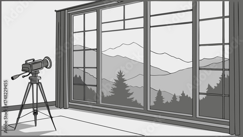 A video camera set in a room with a large window overlooking mountains nature scenery black and white artwork.