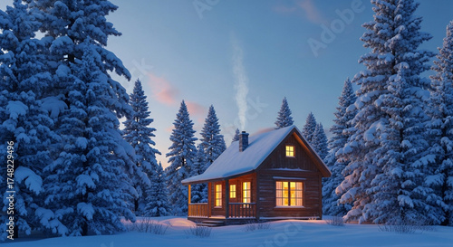 Cozy Wooden Cabin in Snowy Pine Forest at Twilight