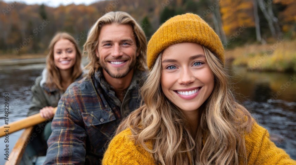 Obraz premium Three friends enjoying autumn canoe trip smiling for selfie