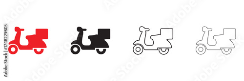 delivery scooter vector icon set, delivery scooter, two wheeler vector, silhouette and line art illustration