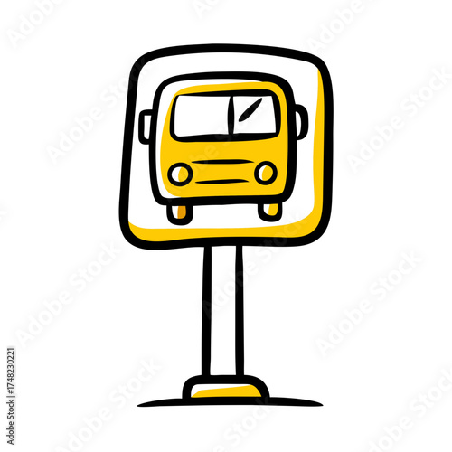 Yellow bus illustration on a signboard, showcasing public transportation concept, with a simple design and clear lines, emphasizing urban mobility and accessibility