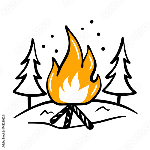 Campfire illustration with vibrant flames surrounded by tall pine trees, creating a cozy outdoor atmosphere for camping and nature-themed designs