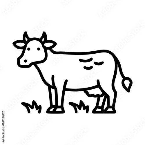 Cartoon illustration of a cow standing in a grassy field, showcasing its friendly demeanor and simple features, representing farm life and rural agriculture concepts