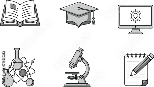 Education and learning icons set showing book, graduation cap, computer, microscope, laboratory flasks, and notebook for academic study illustration