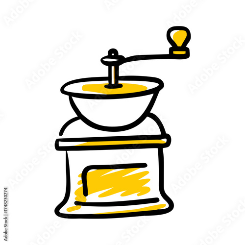 Vintage coffee grinder illustration with a yellow bowl and handle, showcasing classic design elements and inviting a sense of nostalgia for coffee enthusiasts and culinary art lovers