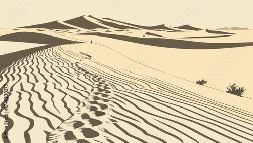 Desert Landscape with Footprints and Rippled Sand Dunes Illustration.