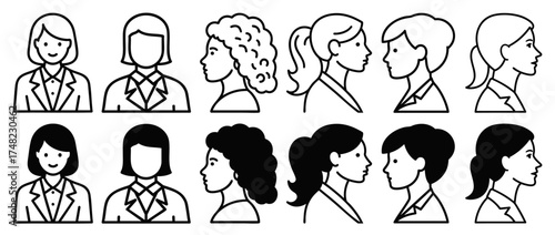 Women Profile Icon Collection, Flat Line Vector Silhouettes, Minimalist Female Avatar Design, Transparent Background