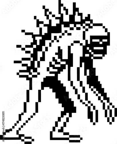 Retro pixel art monster with spikes hunched over black and white creature, digital sprite for video games, menacing pose