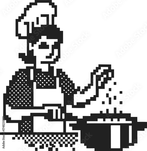 chef cooking in kitchen, pixel art woman in apron seasoning food, professional culinary concept, retro digital illustration