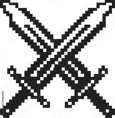 Retro pixel art crossed swords icon, black and white fantasy weapon symbol, old school gaming battle or duel element