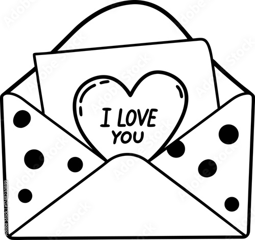 Open polka dot envelope with heart shaped love note romantic message, affectionate sentiment, black and white illustration