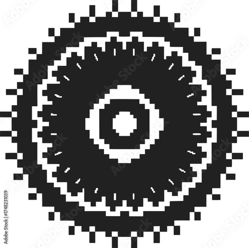 Pixelated circular gear symbol abstract black and white mechanical cog design with geometric pixel art pattern