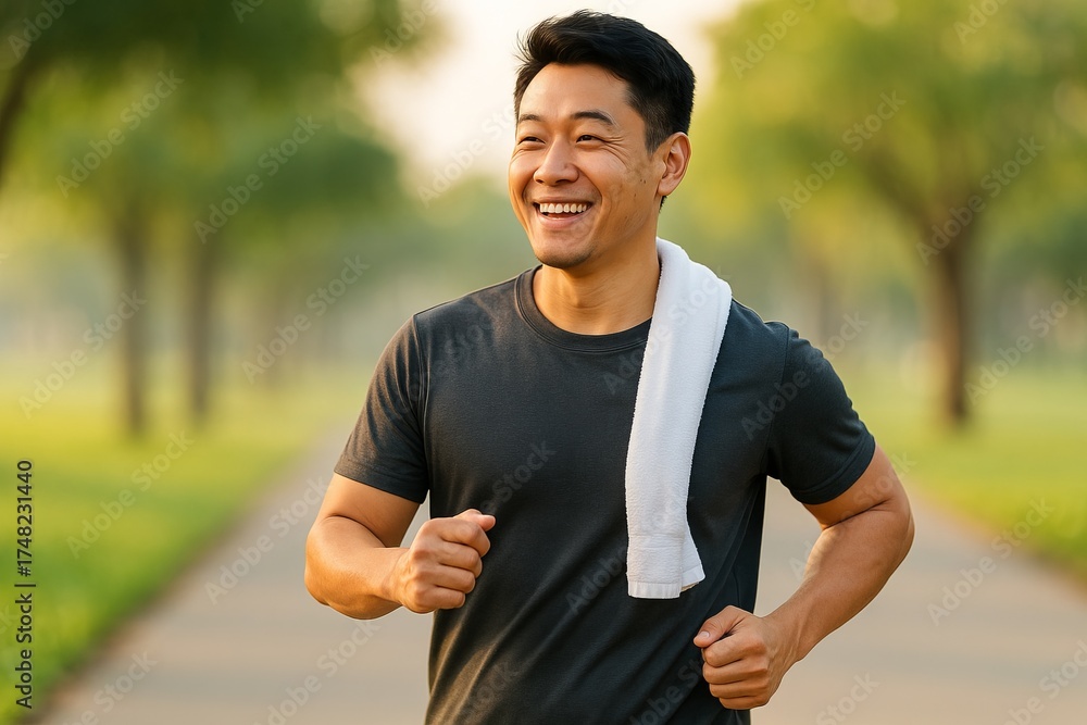 Fototapeta premium Asian man enjoying a morning walk in a park