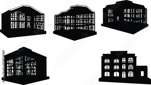 Architectural building silhouette, structural design vector, pitched roof icon, black graphic template, minimal style, engineering framework, facade illustration, construction concept, heritage 