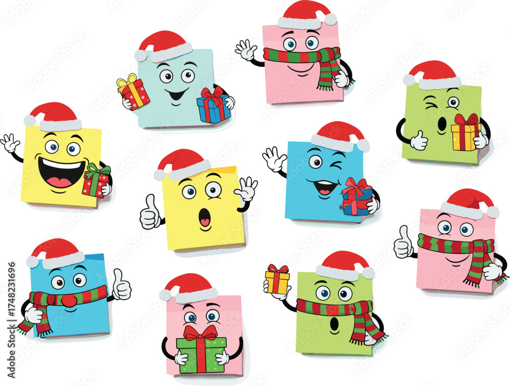 Fototapeta premium Cute christmas gift boxes with santa hats and happy faces